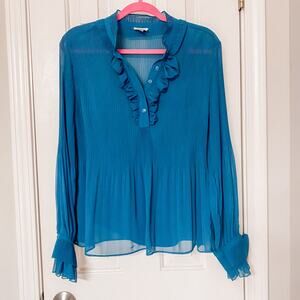 WORTHINGTON • Blue Green Ruffle Accordion Pleated Sheer Long Sleeve Blouse Top
